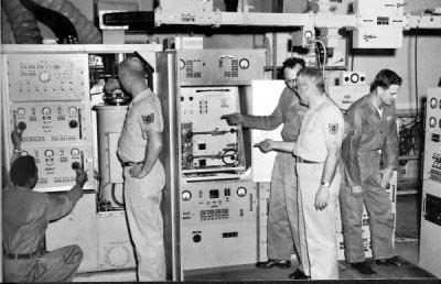 Radar techs

work on AN/FPS-20 in the hangar